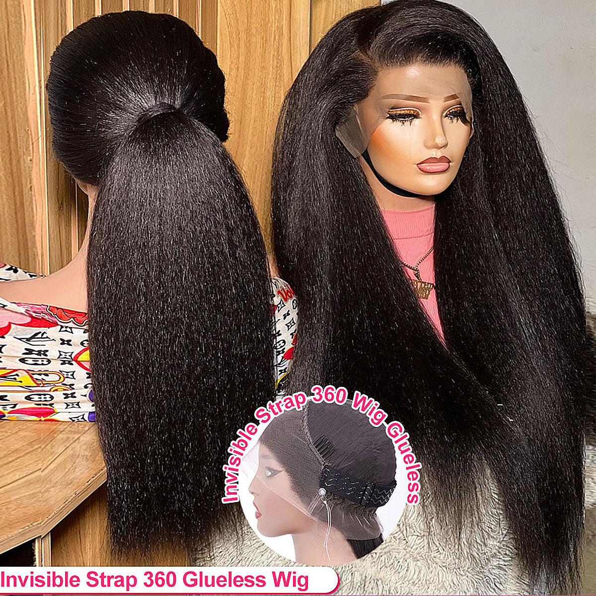 Invisible Strap Kinky Straight Glueless Wigs 200/400 Density 360 HD Lace Frontal Wigs Wear And Go For Women 16-32 Inch