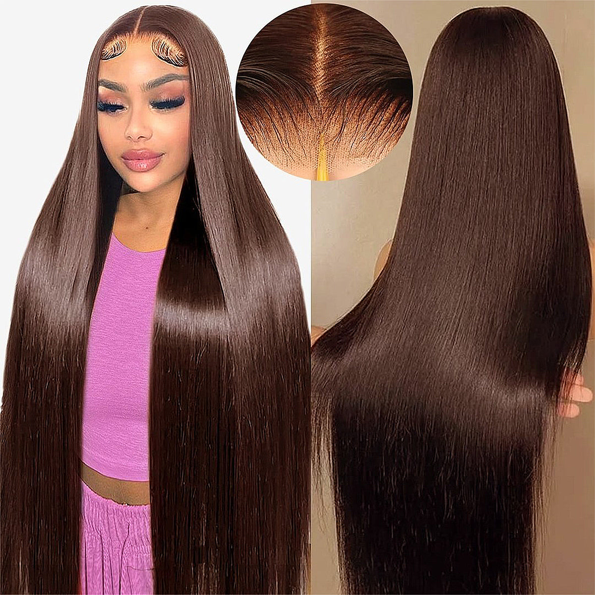 Chocolate Brown Straight Lace Front Wigs Pre Plucked 100% Real HD Lace 400 Density 13x6 HD Lace Frontal Wigs For Black Women Wear And Go