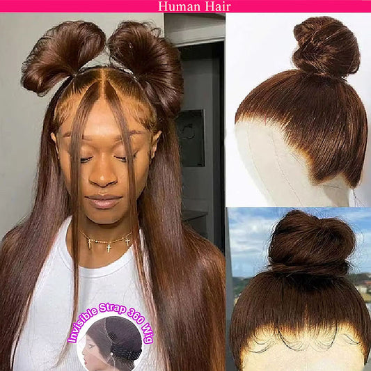 Invisible Strap 360 Full Hd Lace Glueless Wig Straight Chocolate Brown 16-32 Inch 200/400 Density Lace Front Wigs Human Hair