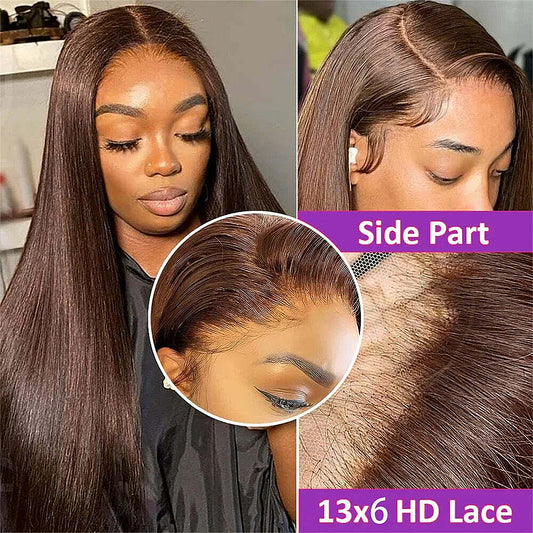 100% Real HD Lace 400 Density Chocolate Brown Straight Lace Front Wigs Pre Plucked 100% Human Hair Wig 13x6 HD Lace Frontal Wigs For Black Women Wear And Go