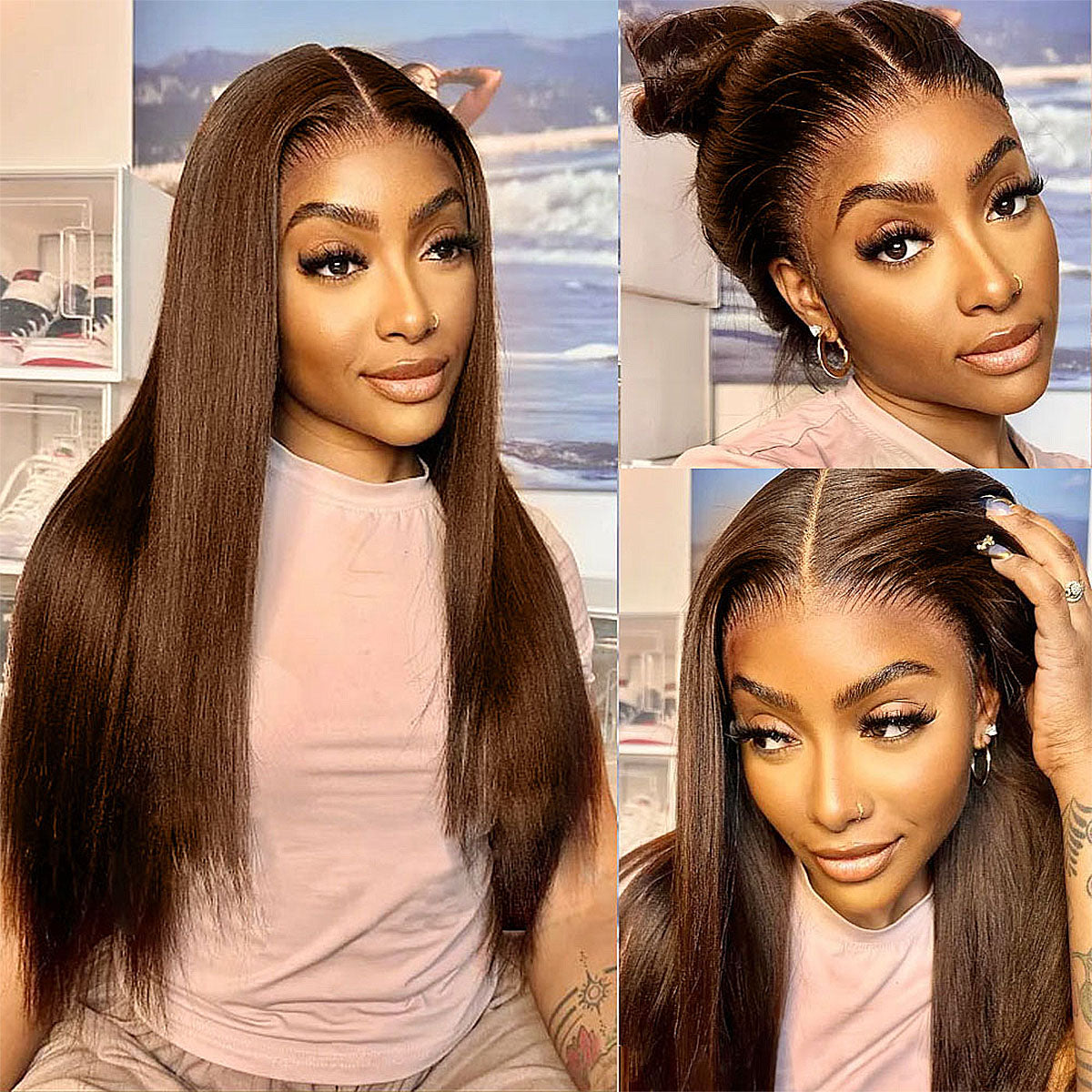 Invisible Strap 360 Full Hd Lace Glueless Wig Straight Chocolate Brown 16-32 Inch 200/400 Density Lace Front Wigs Human Hair