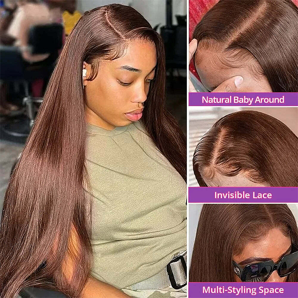 100% Real HD Lace 400 Density Chocolate Brown Straight Lace Front Wigs Pre Plucked 100% Human Hair Wig 13x6 HD Lace Frontal Wigs For Black Women Wear And Go