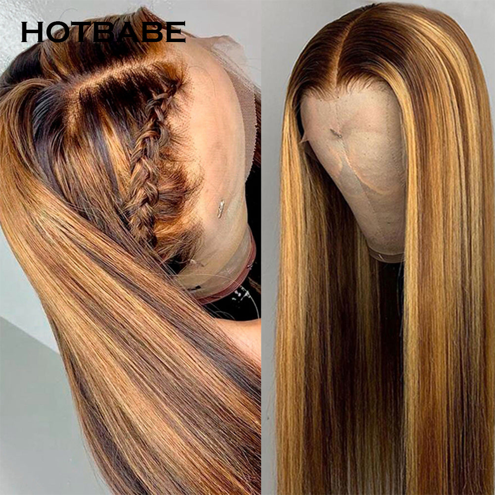13x6 Highlight Wig Brown Colored Human Hair Wigs for Women Ombre Straight Transparent Lace Front Wig