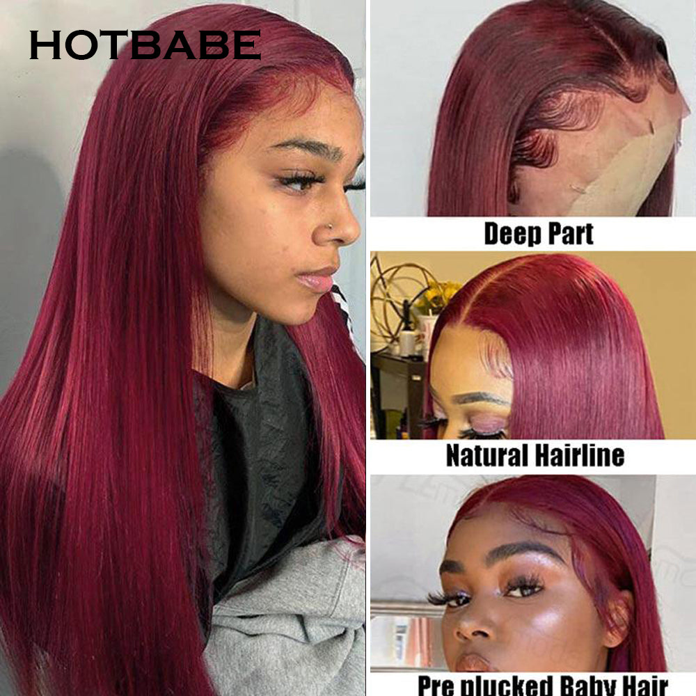 Colored Burgundy Transparent Lace Front Wigs Human Hair Bone Straight Wig