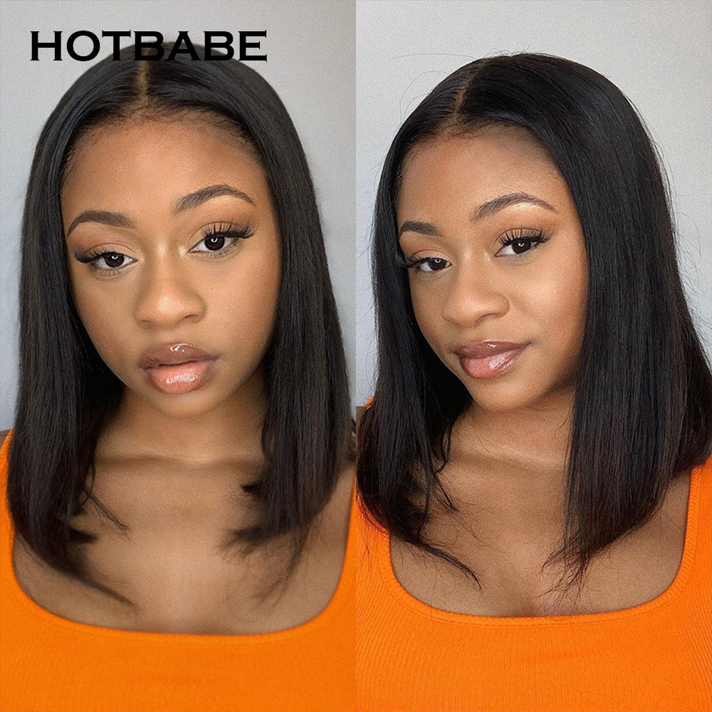 250% Density Blunt Cut Short Bob Natural Black Color Transparent Lace Front Wigs