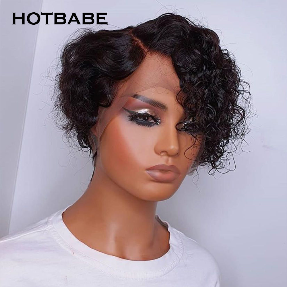 Curly Human Hair Wigs Pixie Cut Bob Transparent Lace Wigs 250%
