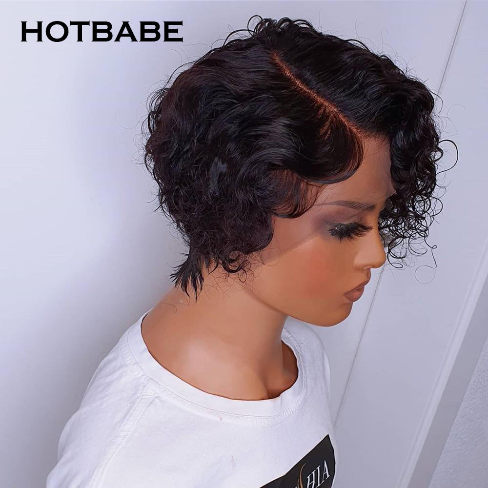 Curly Human Hair Wigs Pixie Cut Bob Transparent Lace Wigs 250%