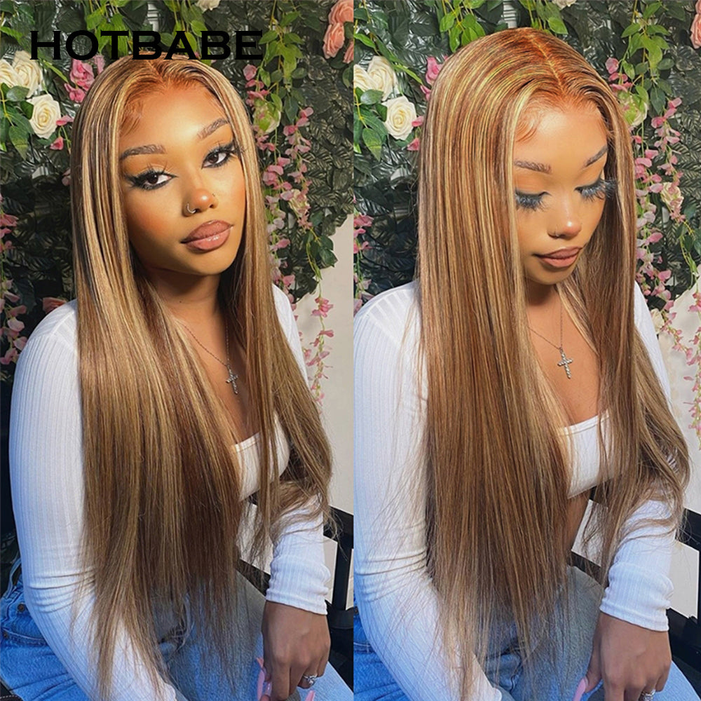 13x6 Highlight Wig Brown Colored Human Hair Wigs for Women Ombre Straight Transparent Lace Front Wig