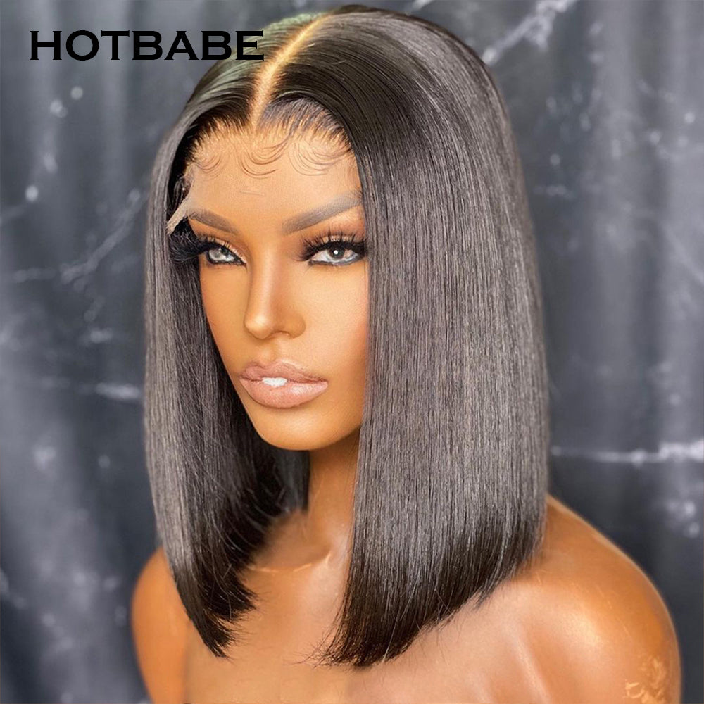 250% Density Blunt Cut Short Bob Natural Black Color Transparent Lace Front Wigs