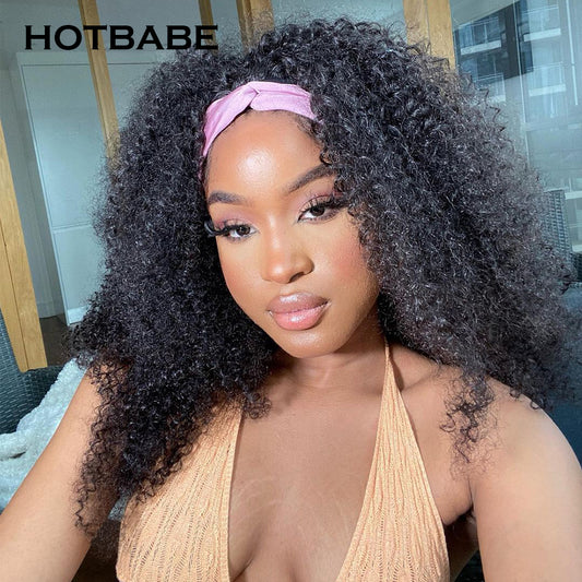 Afro Kinky Curly Silk Headband Wigs Human Hair for Black Women