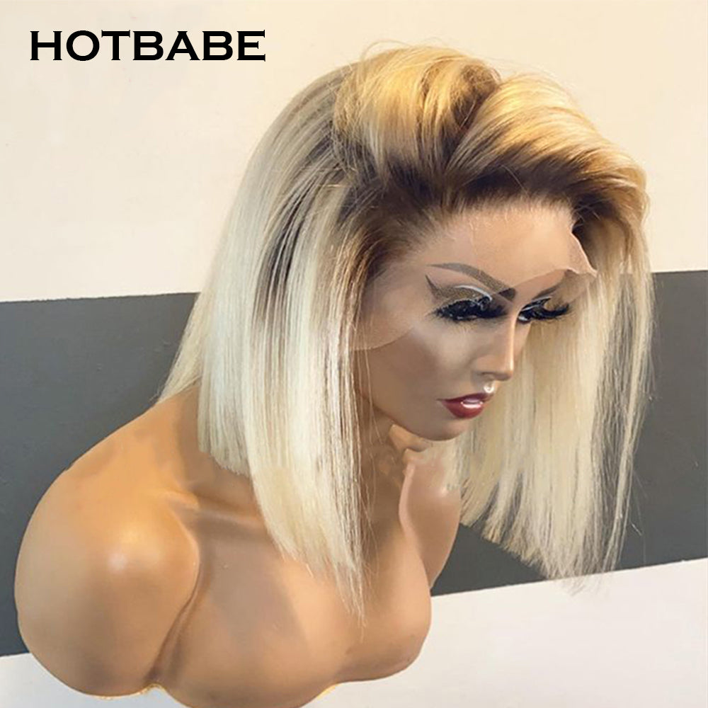 13x4 Bob Frontal Wigs 1B 613 Ombre Blonde Straight Brazilian Lace Front Human Hair Wig