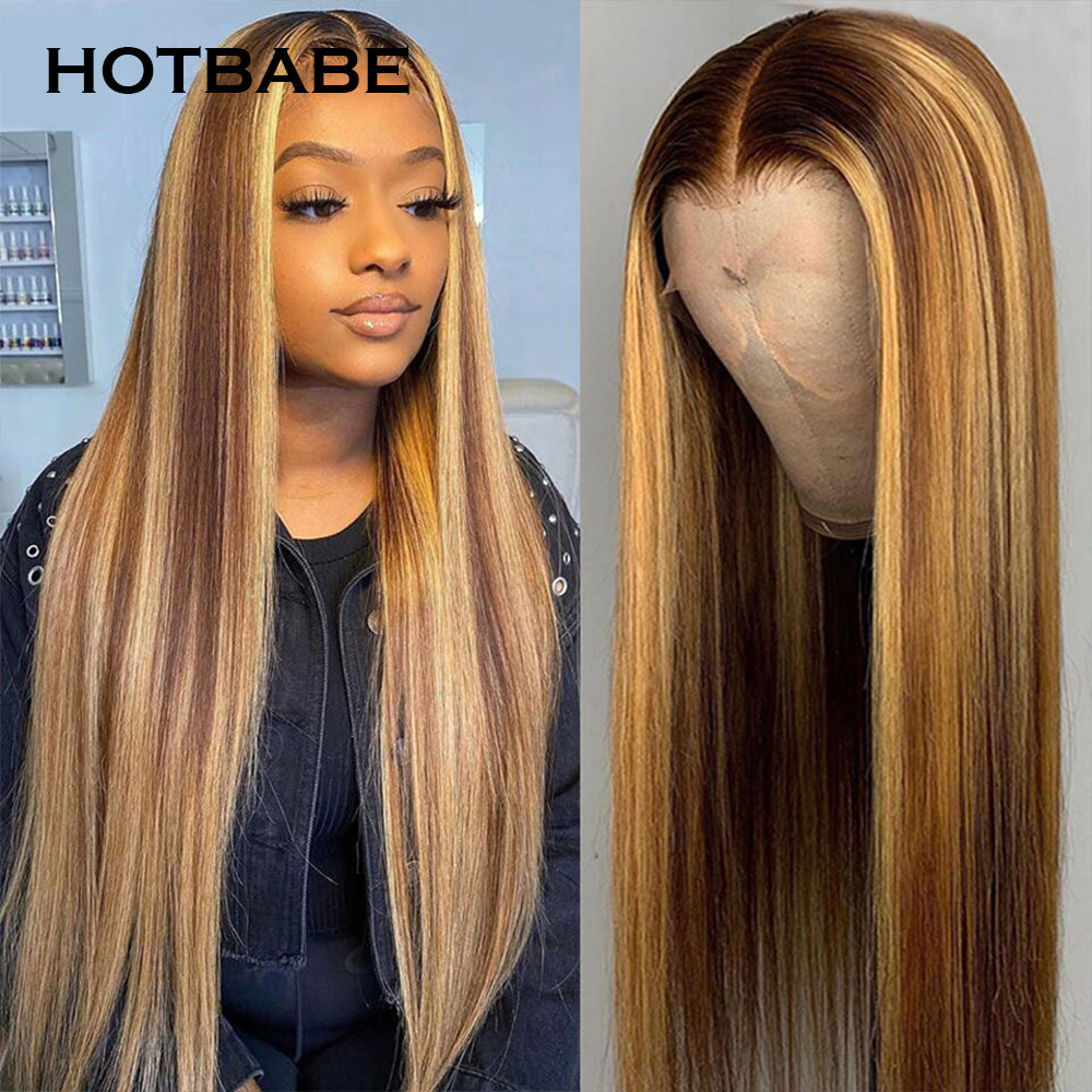 13x6 Highlight Wig Brown Colored Human Hair Wigs for Women Ombre Straight Transparent Lace Front Wig