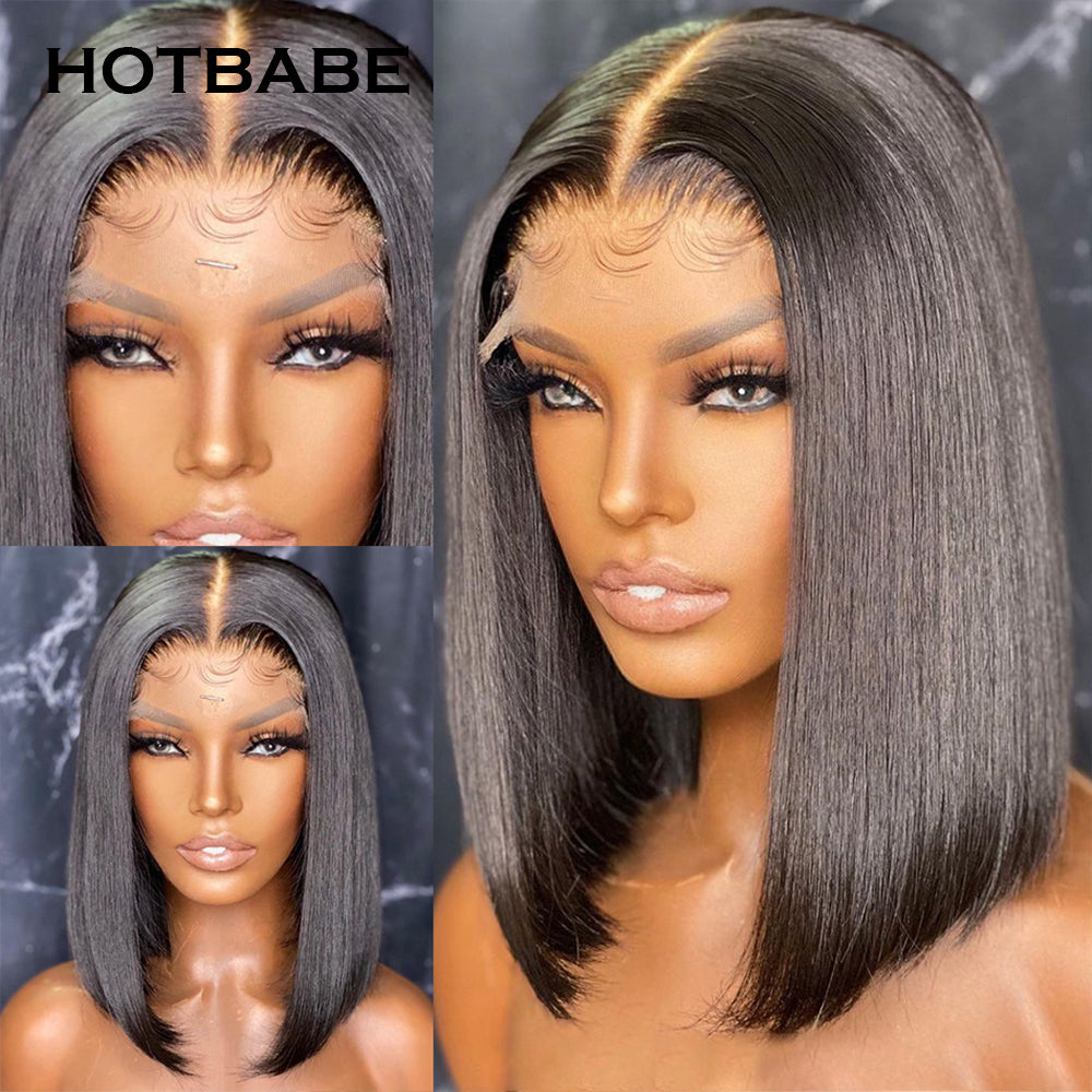 250% Density Blunt Cut Short Bob Natural Black Color Transparent Lace Front Wigs