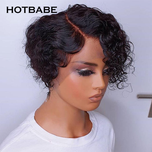 Curly Human Hair Wigs Pixie Cut Bob Transparent Lace Wigs 250%
