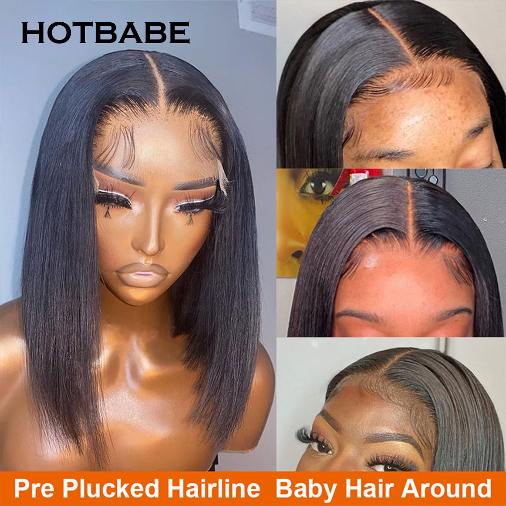 13x6 Transparent Straight Short Bob Human Hair Wigs Pre Plucked with Baby Hair