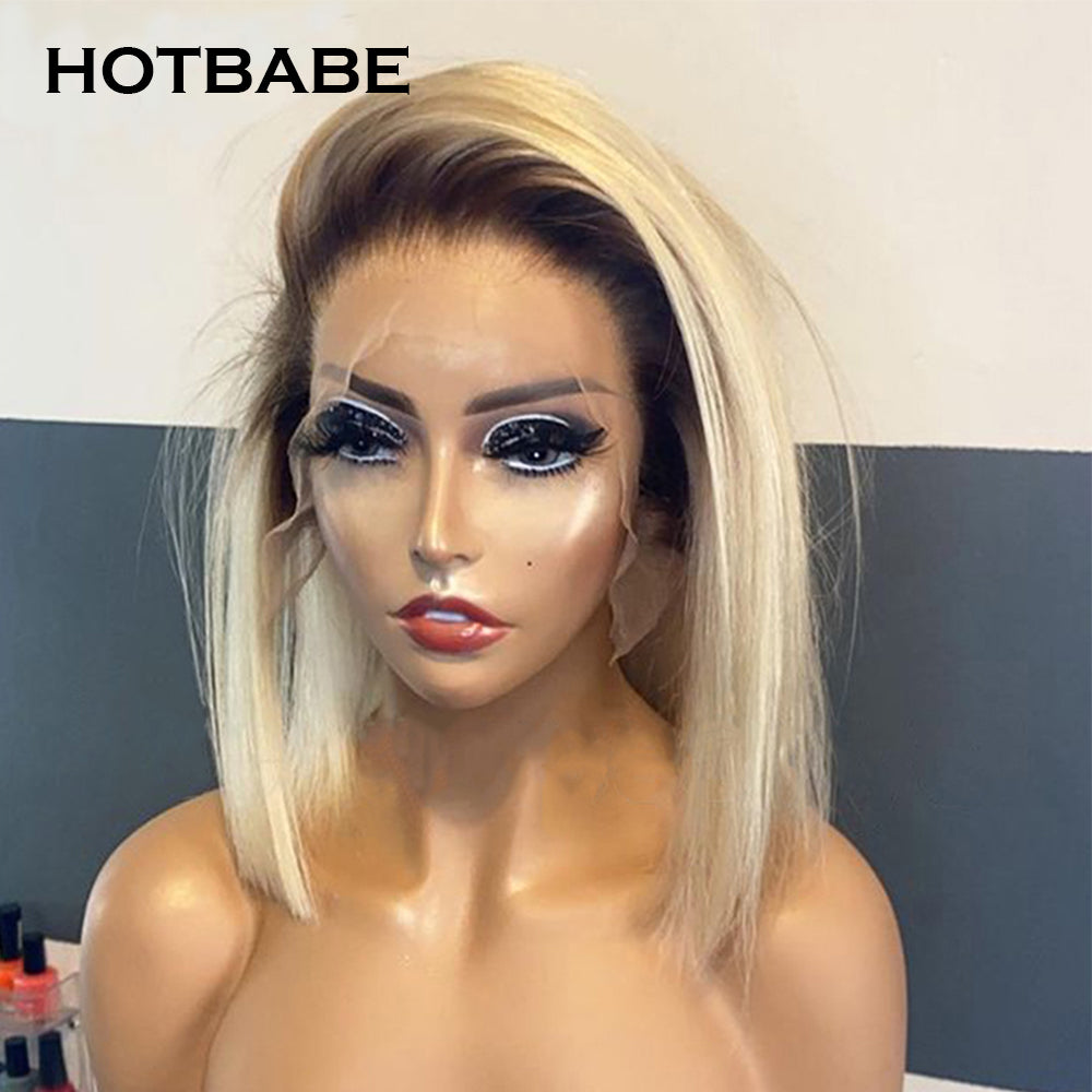 13x4 Bob Frontal Wigs 1B 613 Ombre Blonde Straight Brazilian Lace Front Human Hair Wig