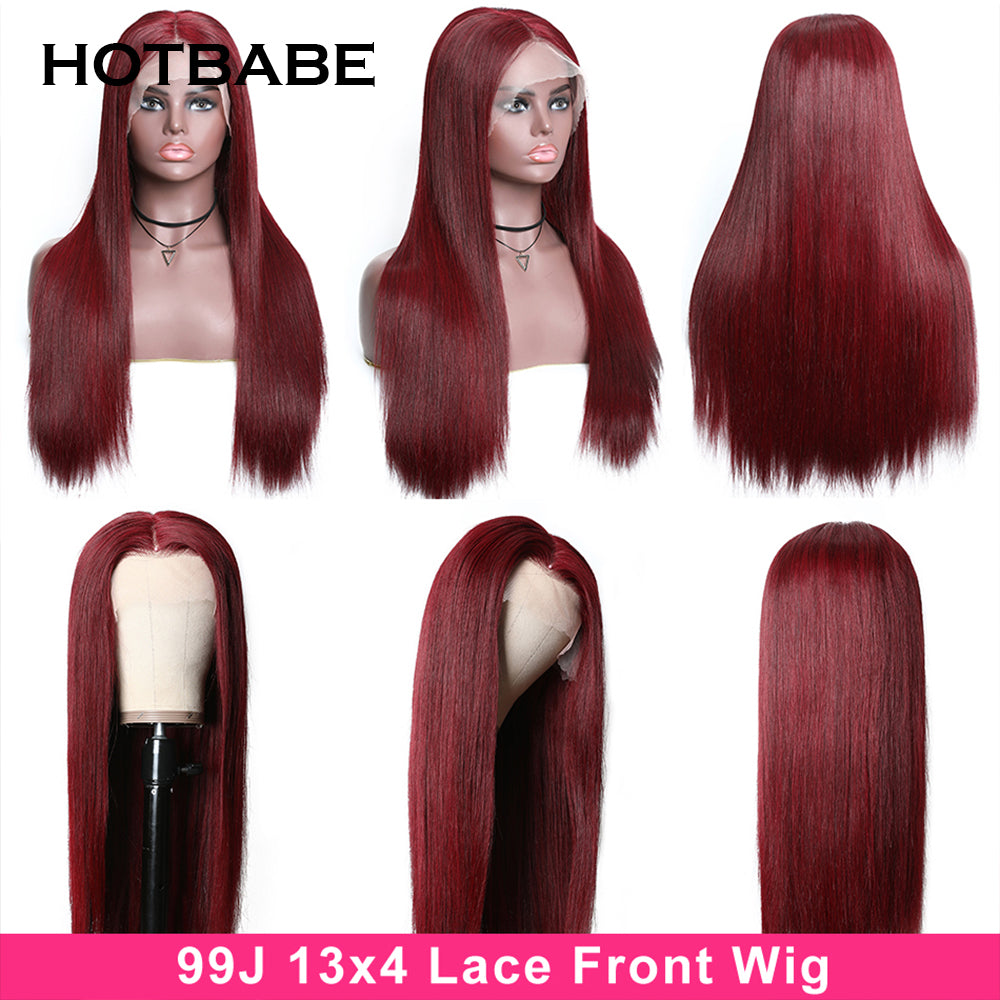 Colored Burgundy Transparent Lace Front Wigs Human Hair Bone Straight Wig