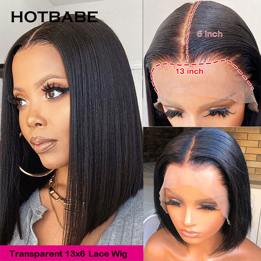 13x6 Transparent Straight Short Bob Human Hair Wigs Pre Plucked with Baby Hair