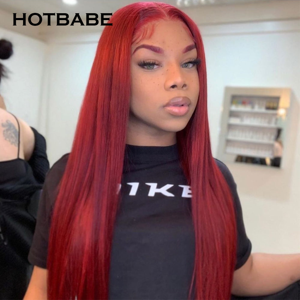 Colored Burgundy Transparent Lace Front Wigs Human Hair Bone Straight Wig