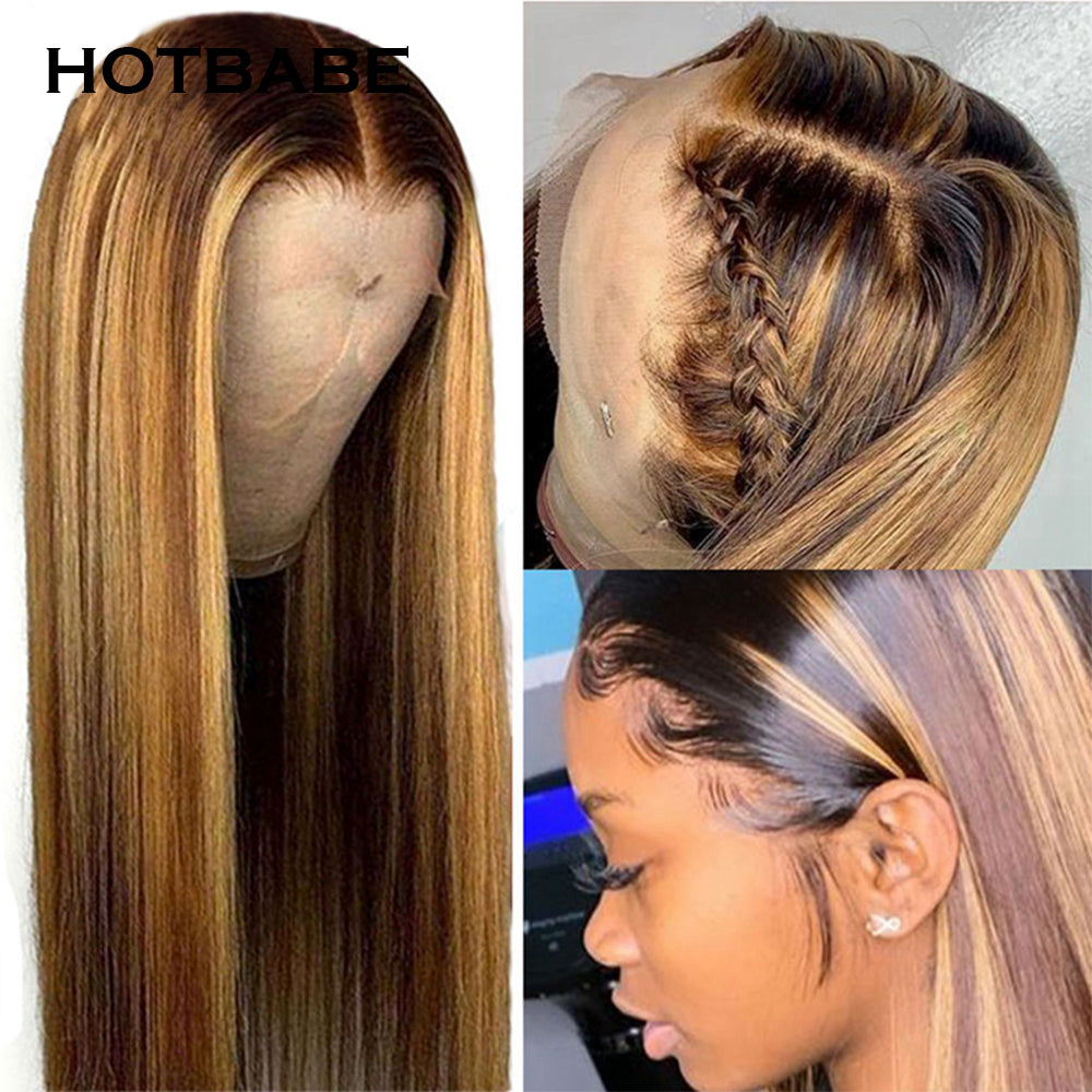 13x6 Highlight Wig Brown Colored Human Hair Wigs for Women Ombre Straight Transparent Lace Front Wig
