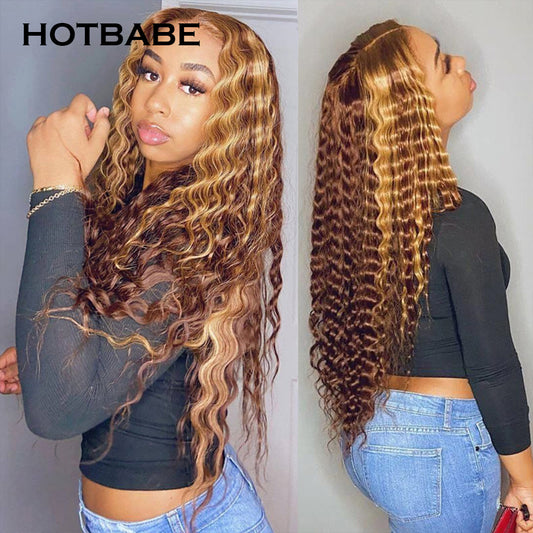 30 Inch Highlight Deep wave Human Hair Wig Honey Blonde Ombre 13x4 Lace Front Wig